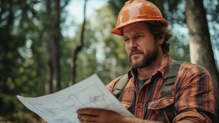 Forester reviewing blueprints amidst towering trees