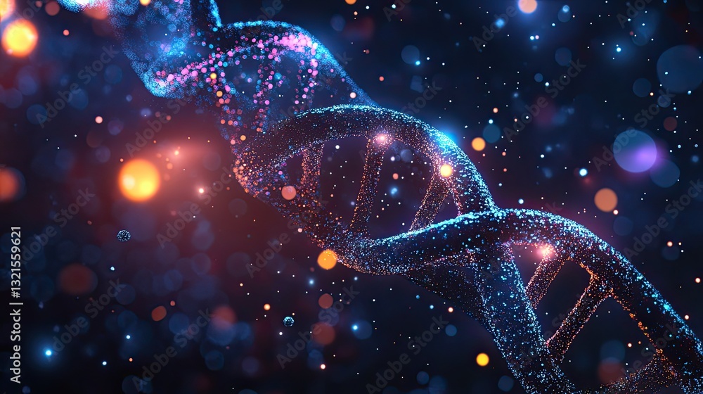 Poster medical technology background with a floating dna helix and abstract glowing particles
