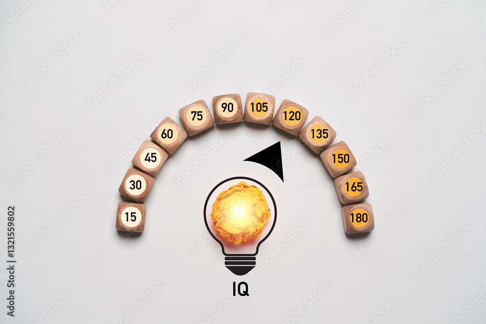 Poster yellow scrap paper inside glowing lightbulbs with instruments gauge for iq or intelligence quotient 