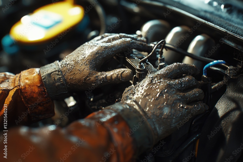 Poster a close-up shot of someone working on a car engine, with tools and parts visible