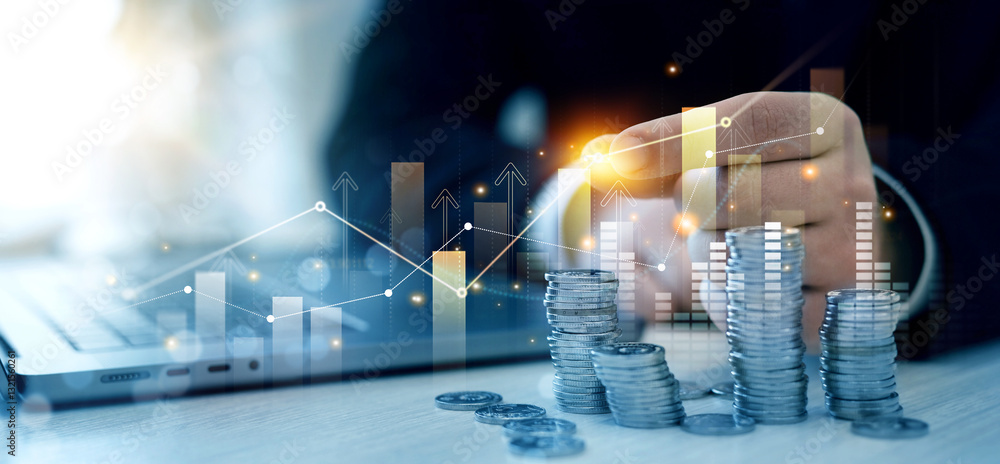 Poster saving money concept.stack of coins with trading price graph growth.money business financial graph d