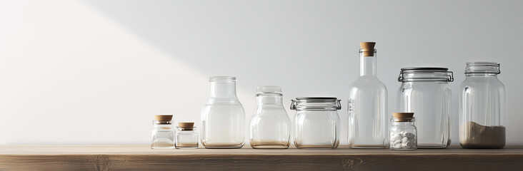 Banner of glass container, bottle, jars isolated on white background with copy space. Zero waste, eco friendly concept, earth day, mockup