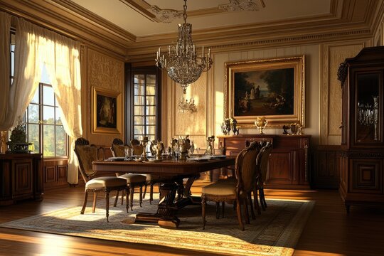 A classic English manor dining room with mahogany furniture, oil paintings, and a candelabra