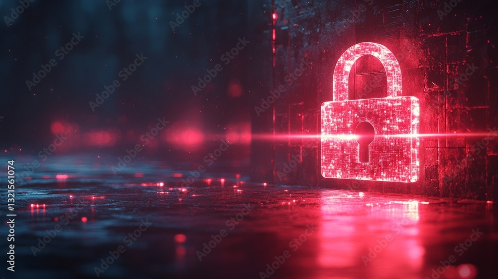 Poster A glowing red lock is showcased on a dark, textured background, representing quantum encryption's role in safeguarding data from eavesdropping and ensuring security.