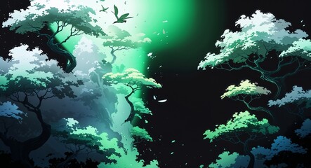 Abstract white green gradient anime on plain dark black background illustration