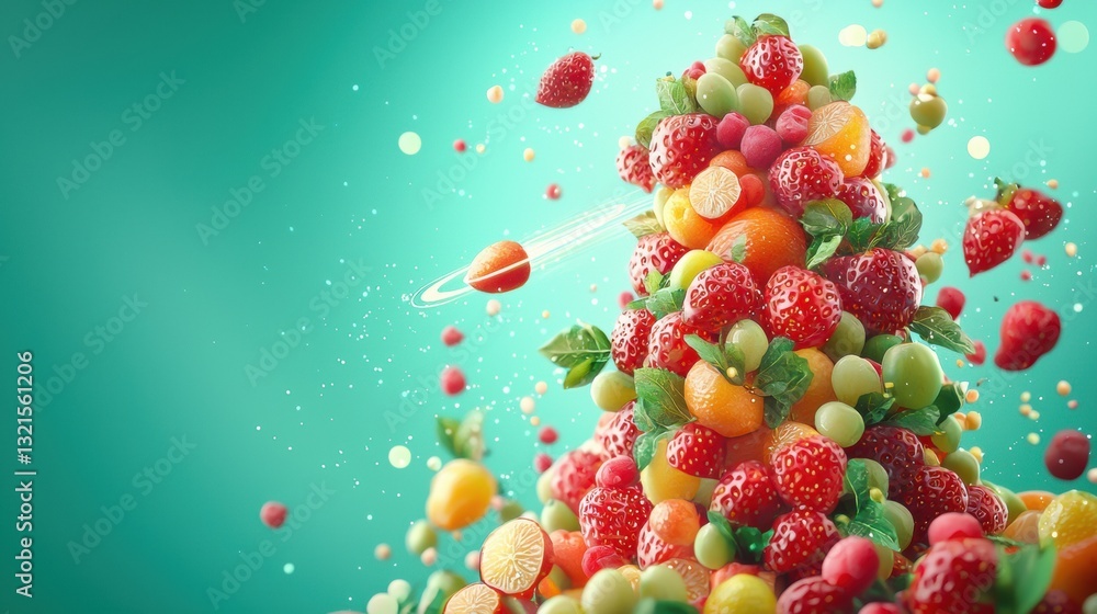 Poster 3d icon of a comet zooming over a vibrant pile of colorful fruits in a playful and whimsical setting