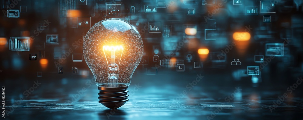 Poster a highimpact image of a light bulb surrounded by floating icons of business growth, representing a s
