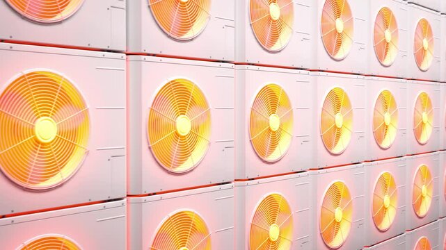 Wall of air conditioners overheating and glowing red. 3D animation.