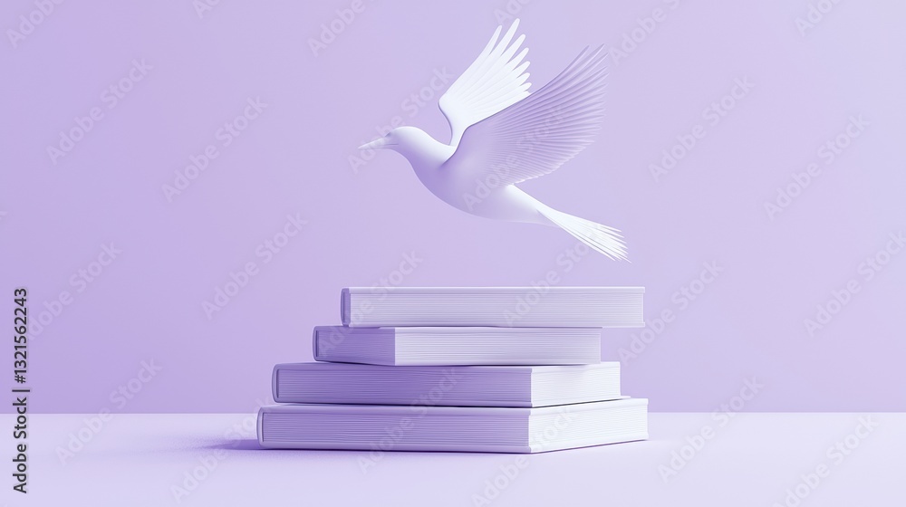 Poster white bird soaring above stack of books in minimalist 3d design on soft purple background