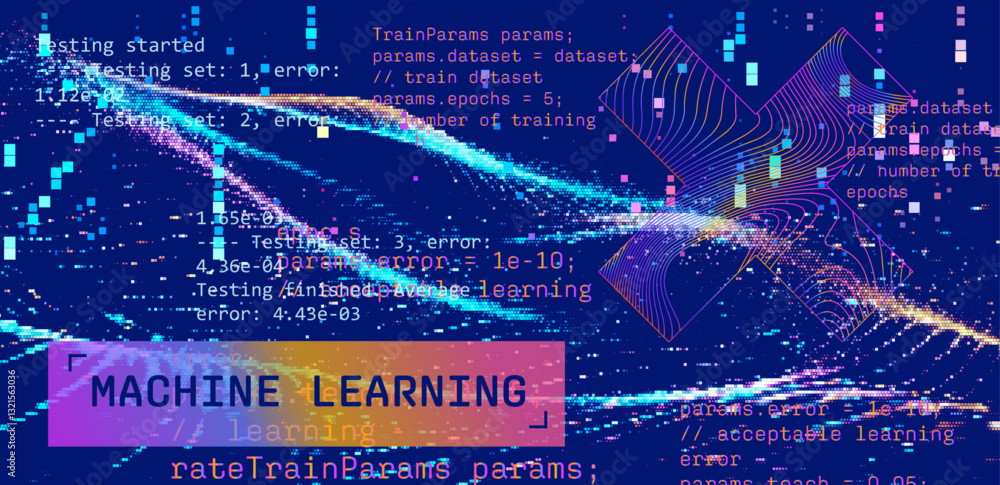 Poster Complex digital illustration depicting machine learning concepts with programming code and abstract holographic shapes. The background is filled with vibrant colors and pixelated patterns.