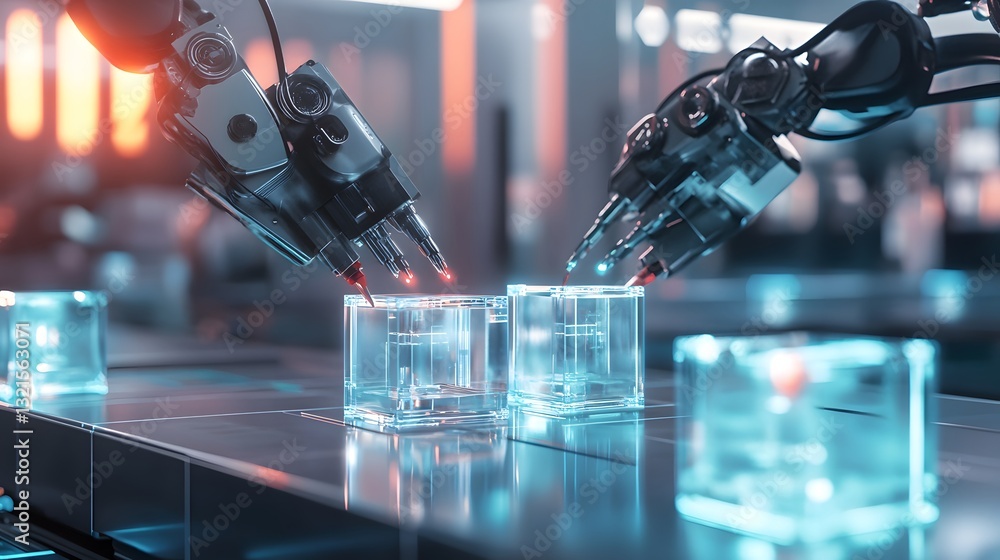 Poster a high-tech factory with robotic arms shaping clear, geometric blocks labeled with different ai stan
