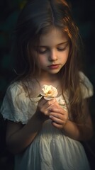A young girl holds a flower in her hand, a sweet and innocent moment