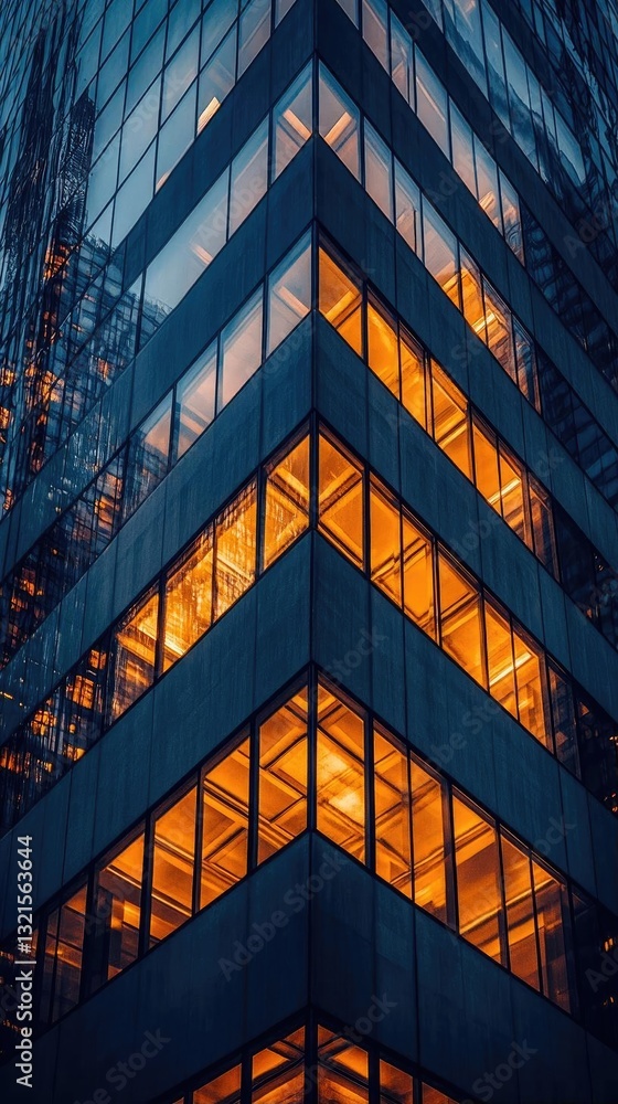 Poster modern architectural design featuring illuminated windows in a high-rise building at dusk