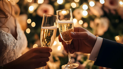 Couple toasting with champagne glasses in a romantic setting decorated with fairy lights