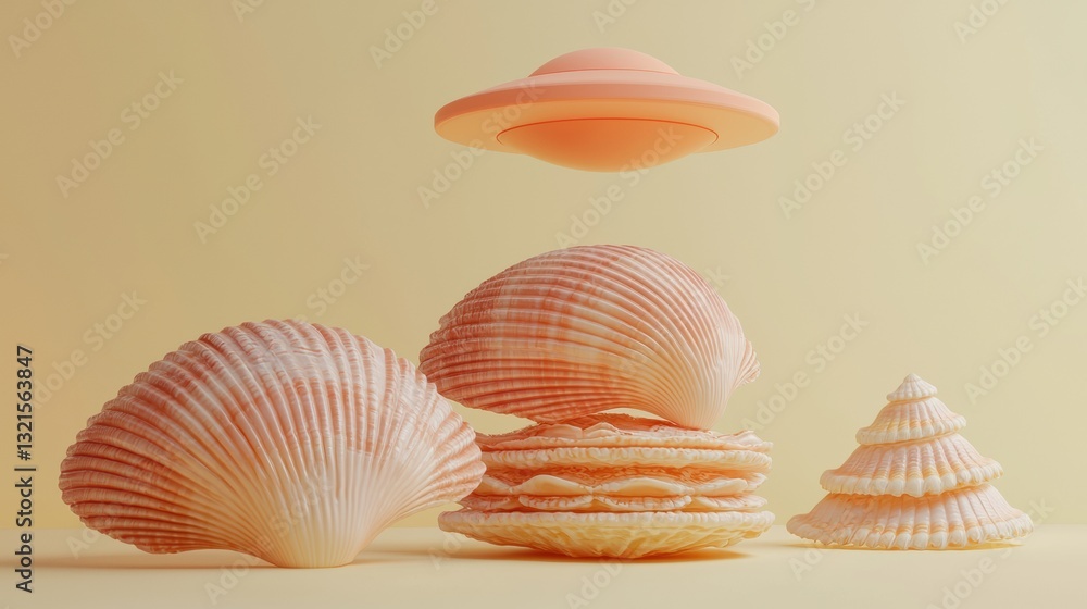 Aufkleber 3d icon of a ufo flying over a stack of seashells with a soft yellow background