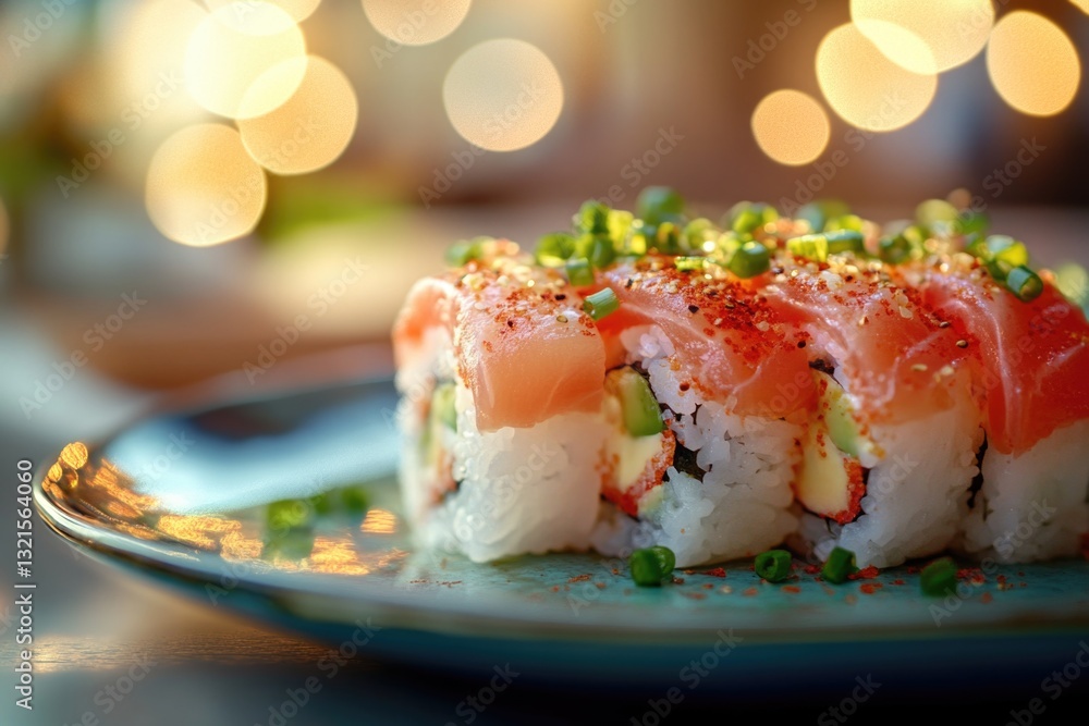 Poster A plate of sushi served on a table with soft lighting in the background