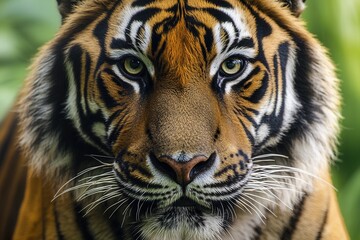 Fototapeta premium Close-up portrait of a tiger staring directly at the camera with sharp focus on its features and blurred background details
