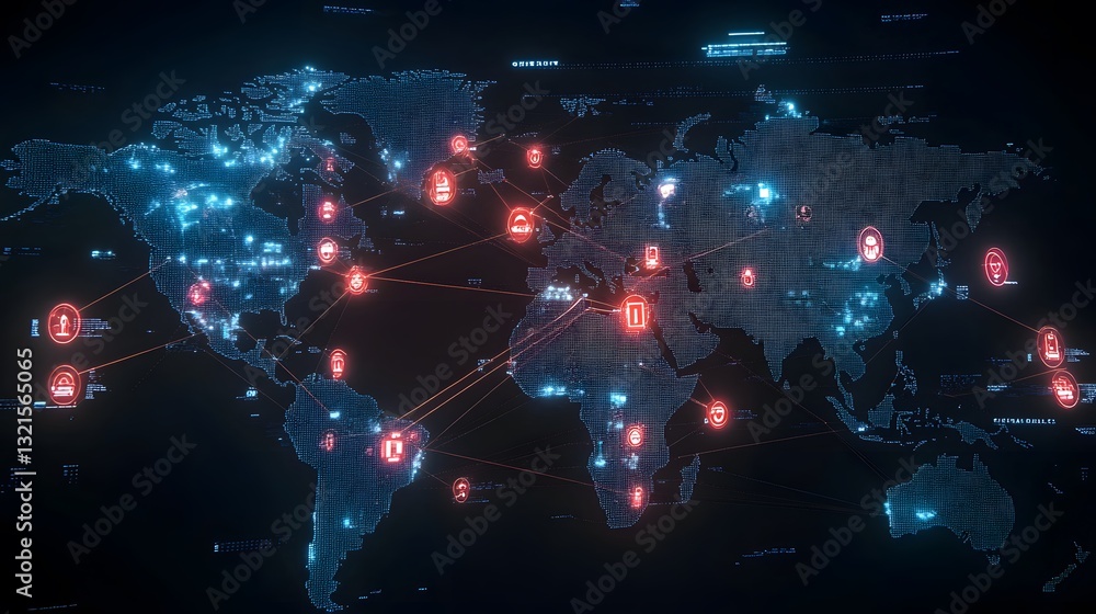 Poster a map of the world with interconnected lines and digital symbols representing ai governance initiati