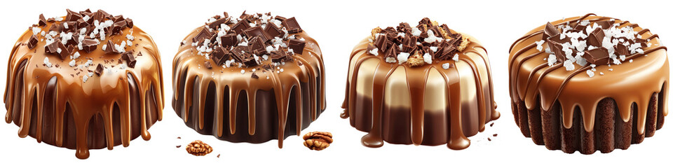 Four chocolate cakes with praline drizzle and toppings of nuts and chocolate pieces