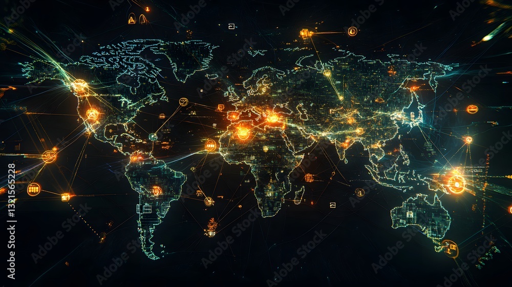 Poster a map of the world with interconnected lines and digital symbols representing ai governance initiati