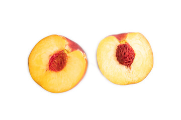 Peach Cut in half isolated on white, Top view, close up