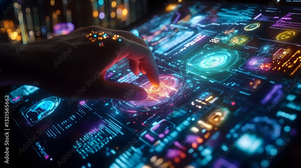 Poster a human hand interacting with a glowing ai interface, merging human intuition with ai reasoning, sur