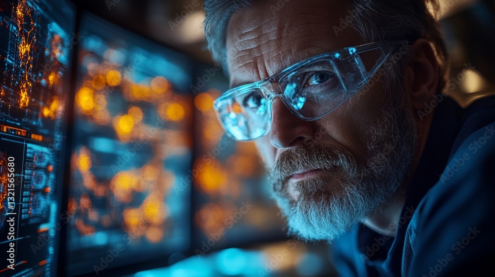 Aufkleber A scientist focuses intently on computer screens displaying quantum simulations, highlighting concepts like qubits, entanglement, and decoherence in a modern lab setting.