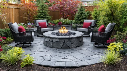 Samtvorhänge Backyard stone fire pit with seating, autumn foliage © HERMAWAN