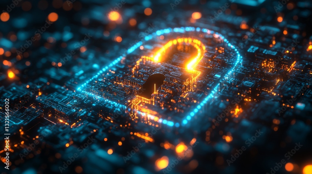 Poster An artistic representation of quantum encryption, highlighting the lock symbol overlaying a digital circuit. This conveys the synergy of quantum technology, security, and data integrity.