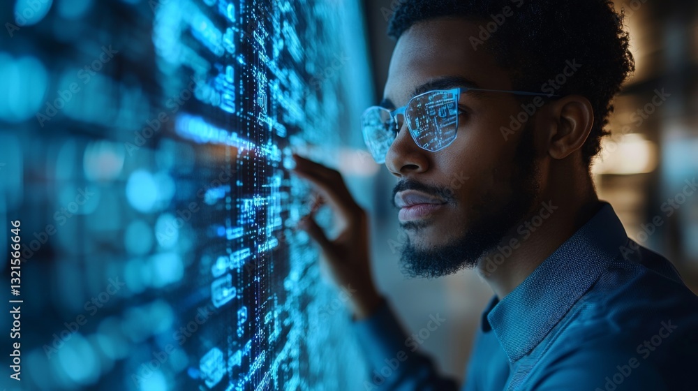 Poster A focused individual examines a digital display featuring intricate quantum concepts like qubits, superposition, and entanglement.