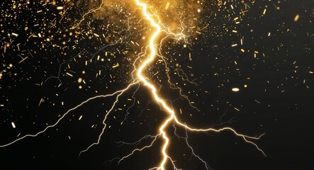 Abstract yellow gold lightning sparks anime on plain dark black background illustration