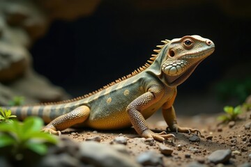 Lizard iguana on rocky cave floor with roots and ferns, earthy, lizard