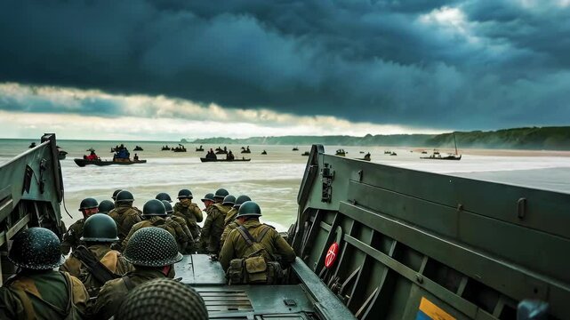 Soldiers disembark from landing crafts onto a stormy beach, preparing for battle amidst dark clouds