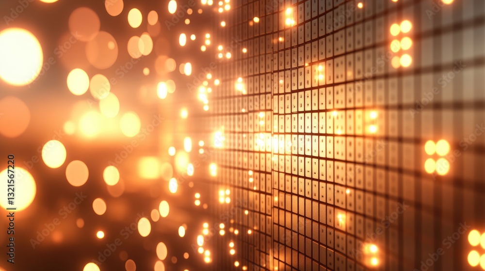 Poster golden grid glowing; bokeh background; abstract technology; website banner