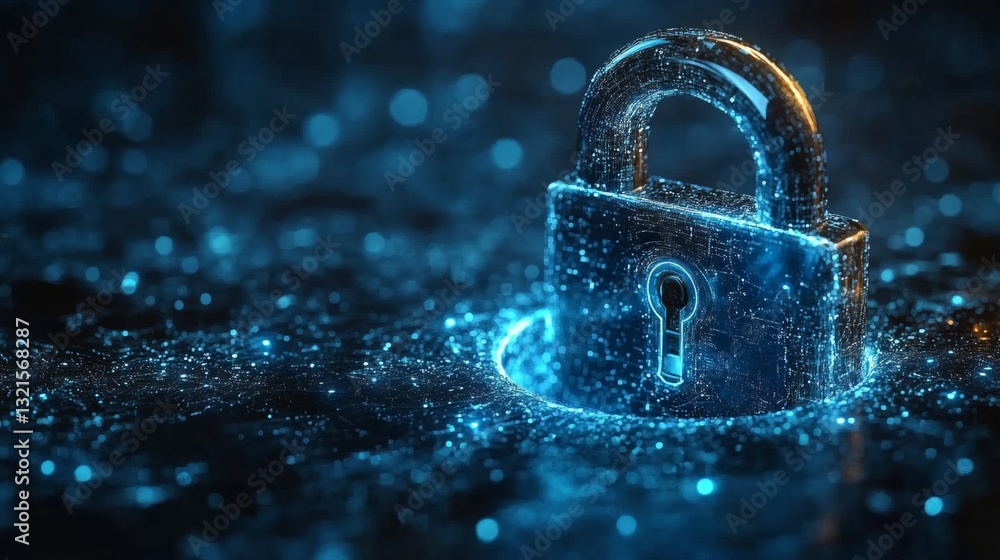 Leinwandbilder A glowing digital lock sits at the center of a high-tech background, representing concepts of quantum encryption, security, and the ongoing battle against eavesdropping in communication.