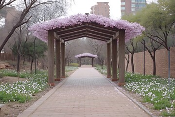 Obraz premium An inviting pedestrian walkway shaded by wooden floral structures