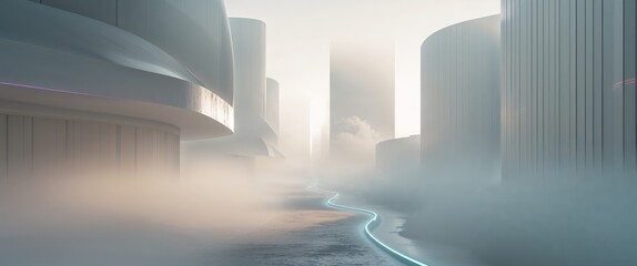 Foggy futuristic path between structures