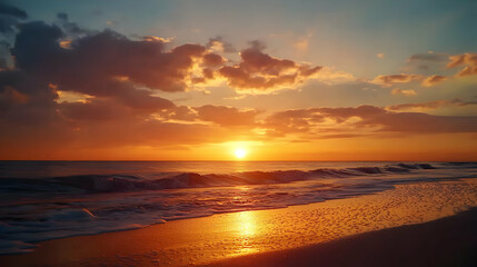 Obraz premium Vivid Golden Sunset Over a Tranquil Ocean Beach with Gentle Waves and Colorful Cloudscape