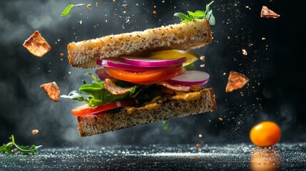 sandwich in the air on black background