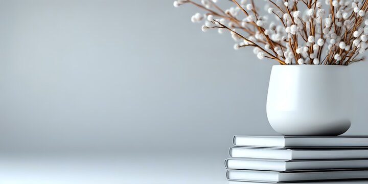 White ceramic vase with dried pussy willow branches on stack of books against neutral gray wall background, minimalist home decor composition with copy space.