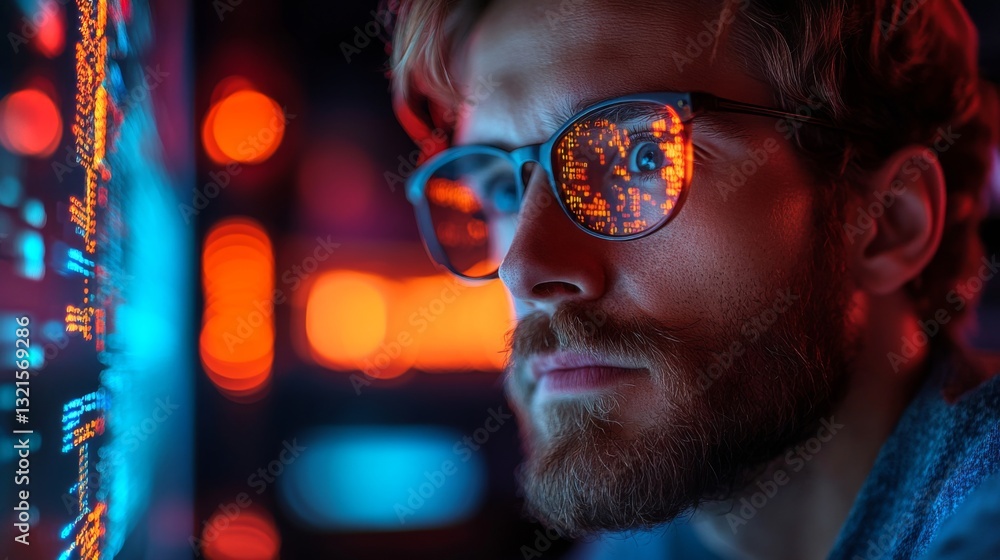 Fototapete A person studies quantum computing concepts such as qubits, superposition, and entanglement while examining colorful visual data. The environment is futuristic and technology-driven.