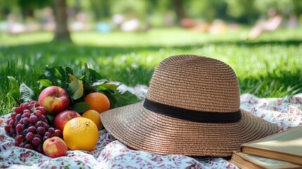 Sunhat on Picnic Blanket Surrounded by Fresh Fruits and Relaxation
