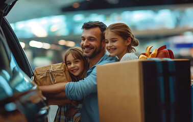 cheerful father and daughters happily unpack souvenirs and gifts from car at airport, filled with excitement for trip