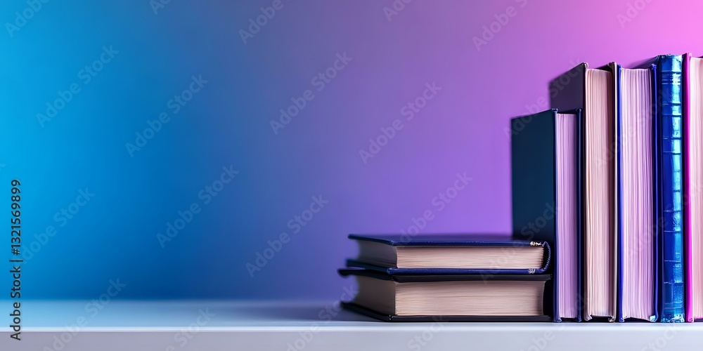 Poster stack of books on white surface against gradient blue and purple background, creating minimalist com