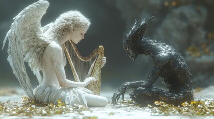 Angel and demon in a surreal encounter, a harp's melody bridging contrasting realms. Light and shadow intertwine, creating a captivating scene of ethereal beauty and darkness.