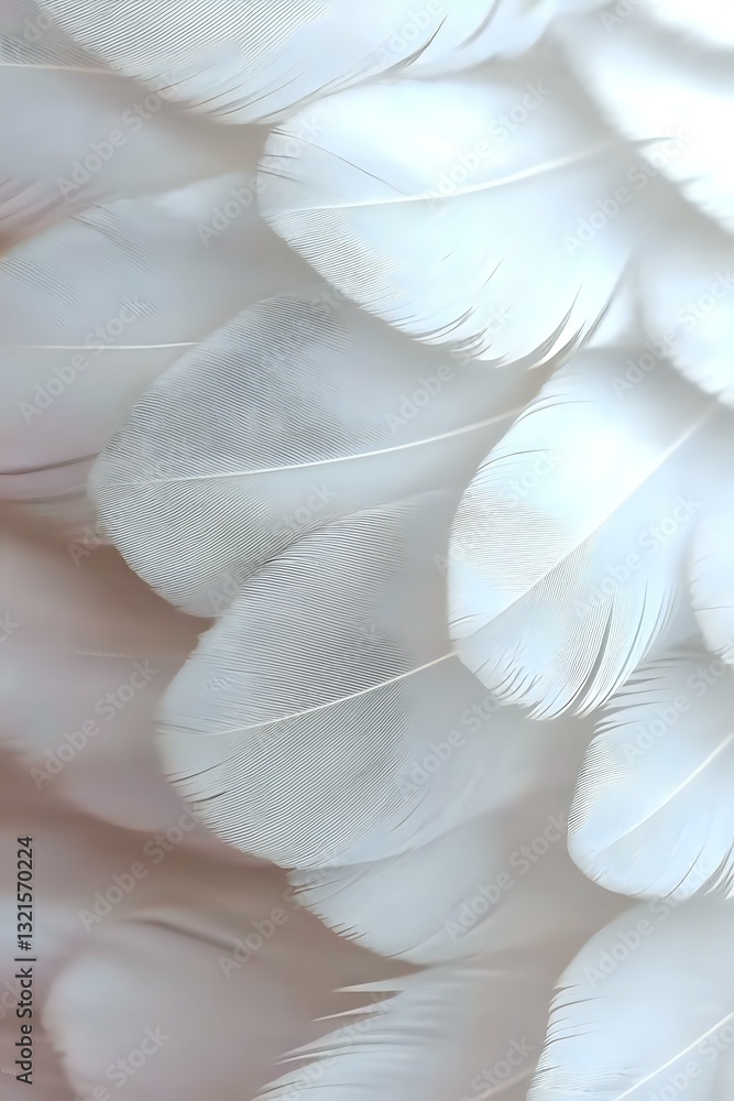 Poster delicate white feathers in soft light creating gentle texture and pattern, macro photography showing