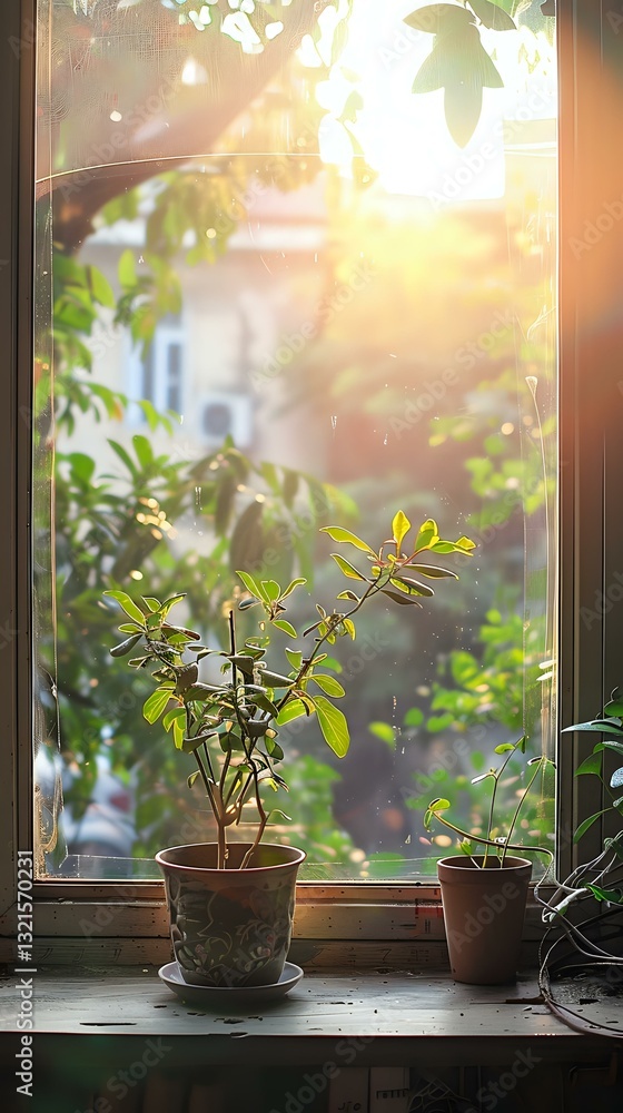 Poster Houseplants on windowsill backlit by warm sunlight creating atmospheric morning mood with bokeh effect and green foliage visible through window glass.