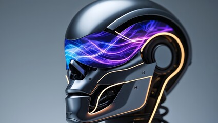 A futuristic robot head featuring screen display and glowing accents