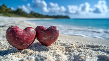 Fototapeta premium Two red wooden hearts on sandy tropical beach with turquoise ocean waves and blue sky with white clouds in background, romantic vacation concept.