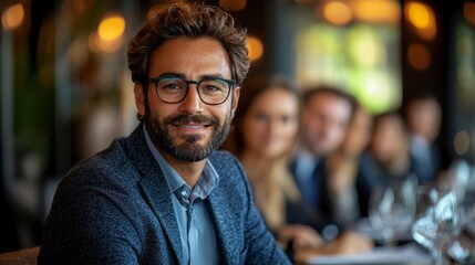 Confident Entrepreneur in Business Meeting Setting with Colleagues in Background